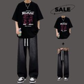 男生潮流一套搭配牛仔裤 T恤套装 青少年宽松两件套 纯棉短袖 夏季