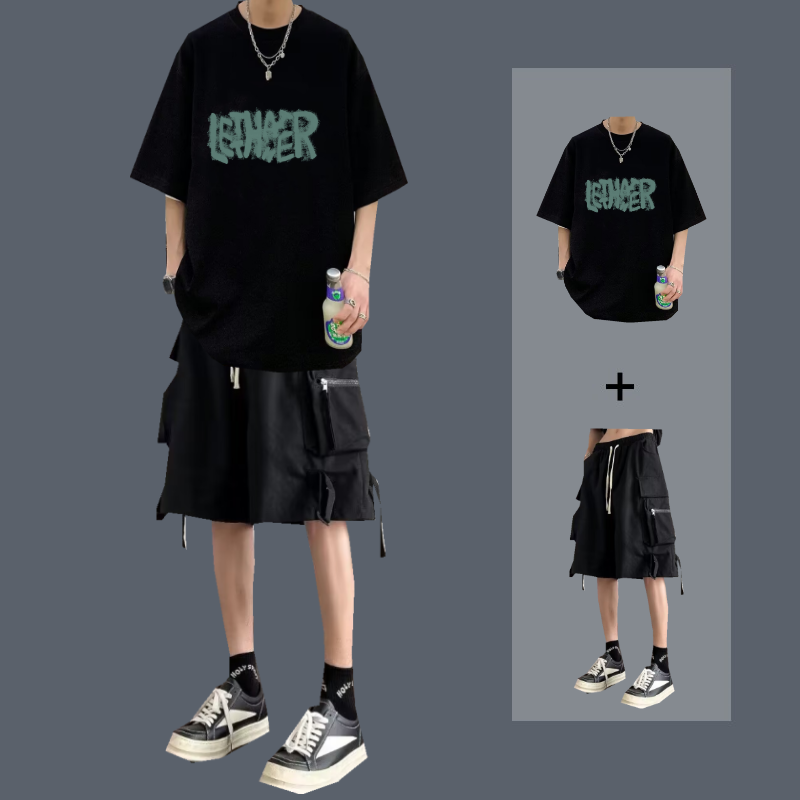 纯棉短袖男生套装潮牌两件套