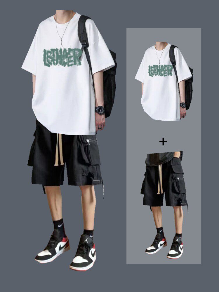 트렌디한 남성 정장 남아 여름 반팔 티셔츠 트렌디 브랜드 카고팬츠까지 세트 핸섬한 투피스 세트