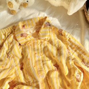 方领长袖长裤100棉全棉双层纱睡衣纯棉纱布月子家居服短袖短裤