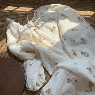 长袖睡裙100棉有氧全棉双层纱睡衣家居服纯棉纱布透气吊带睡裙