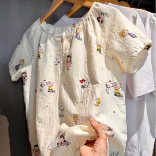 圆领短袖长裤100全棉a类双层纱睡衣纯棉纱布母婴级家居服透气亲肤