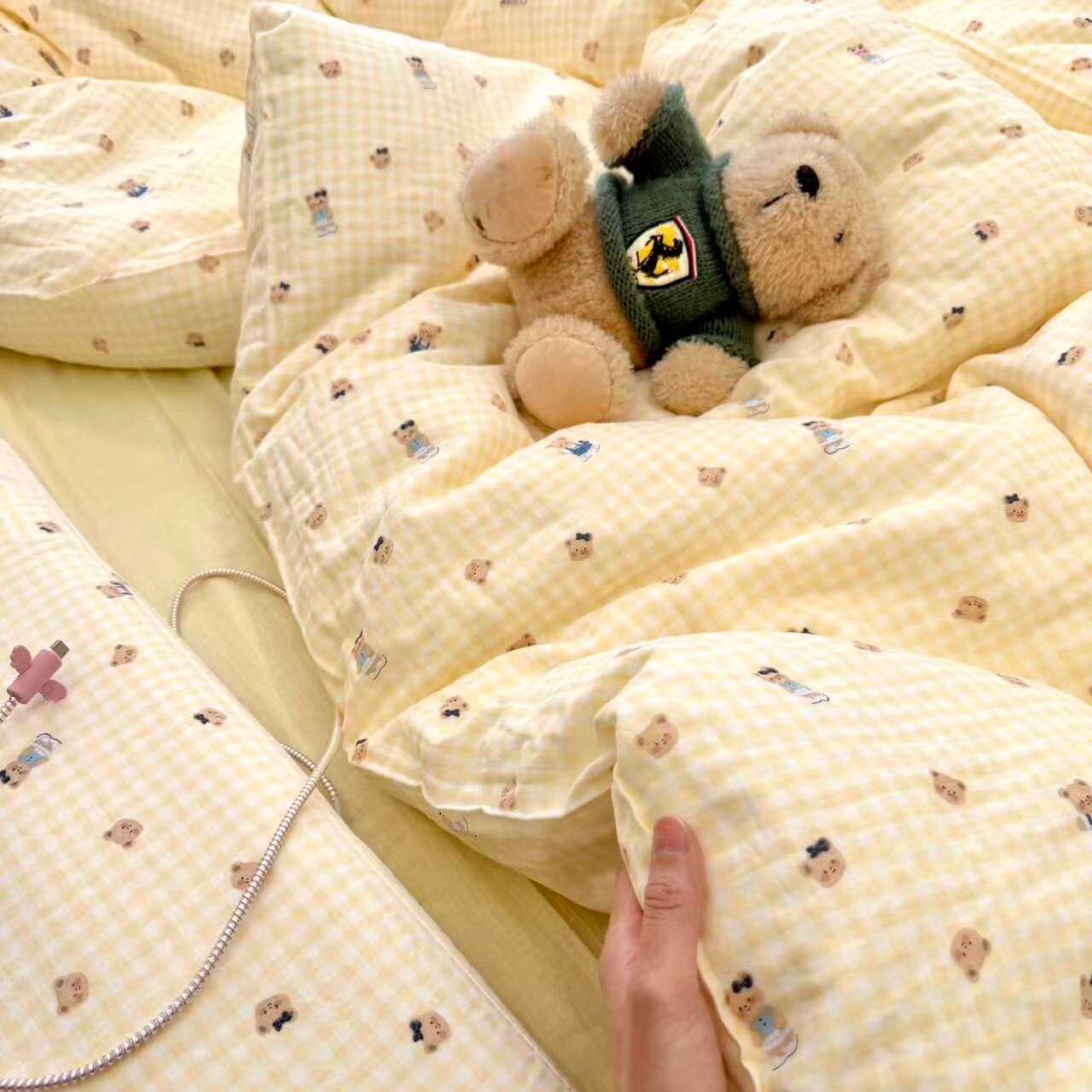 新款~超治愈的黄油小熊全棉有氧双层纱四件套A类卡通透气儿童舒适