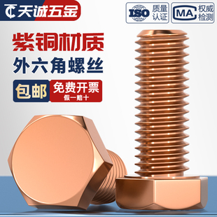 国标T2纯紫铜外六角螺丝铜螺栓螺钉加长螺杆全M5M6M8M10M12M16mm