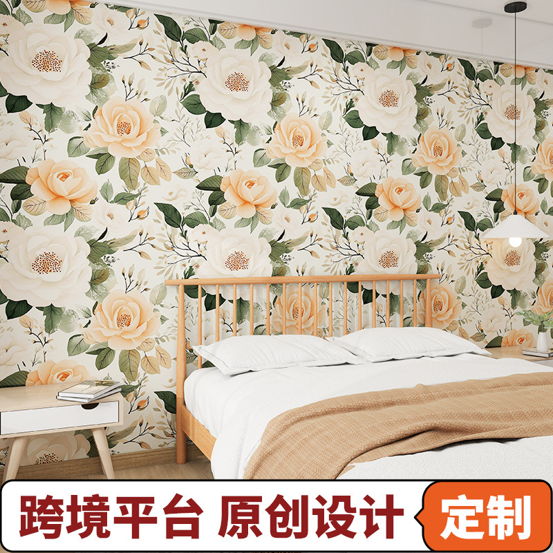 碎花花卉墙纸自粘卧室温馨防水防潮宿舍大学生寝室贴纸墙贴壁纸