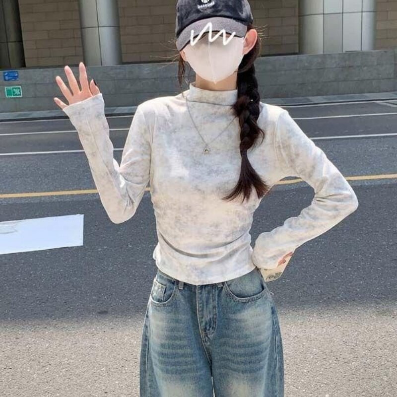 秋冬百搭扎染显瘦正肩半高领褶皱磨毛长袖t恤收腰打底内搭上衣女