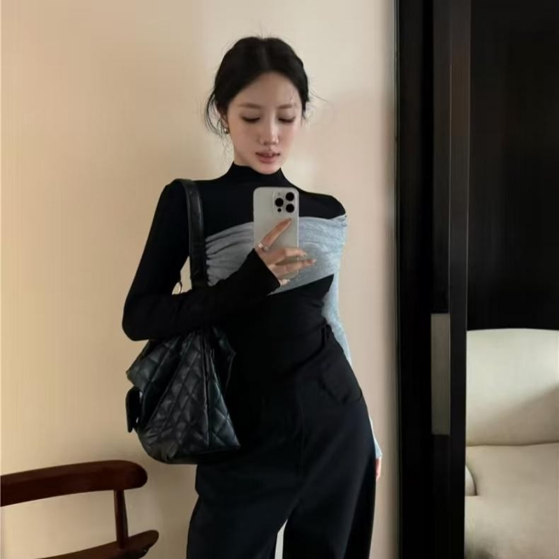 德绒撞色拼接半高领长袖T恤女修身显瘦高级感时尚休闲打底衫上衣