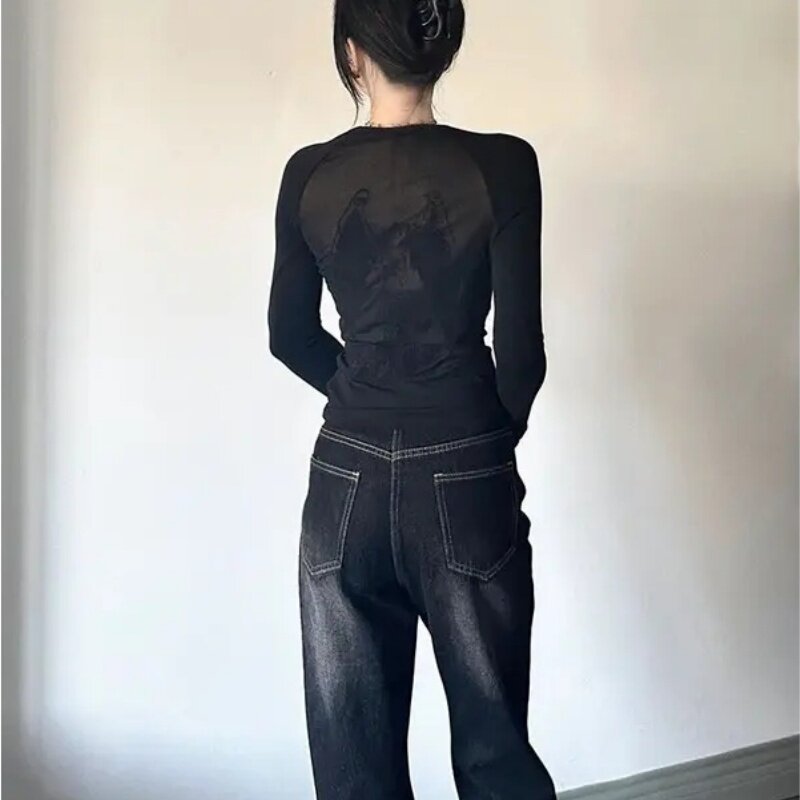 辣妹性感正肩天使印花长袖t恤女春秋薄款打底衫修身显瘦露背上衣