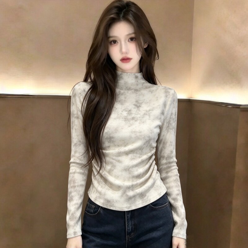 扎染半高领德绒打底衫女2026秋冬新款内搭褶皱收腰长袖t恤上衣ins