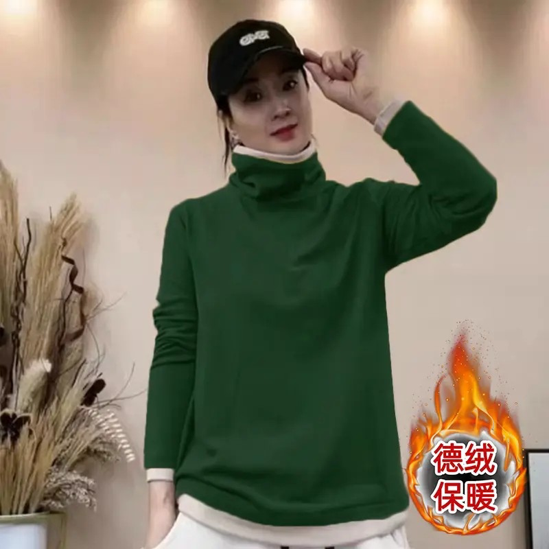 拼色2026秋冬德绒保暖撞色半高领女装长袖T恤假两件打底衫上衣潮