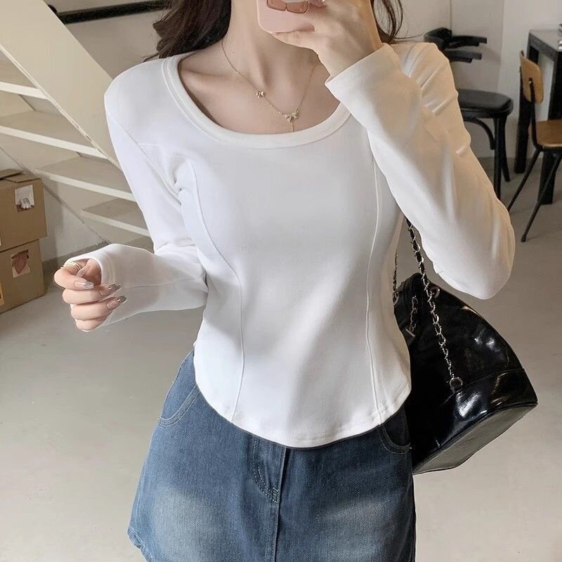 方领别致白色长袖t恤女秋冬2026新款德绒保暖修身内搭打底衫上衣