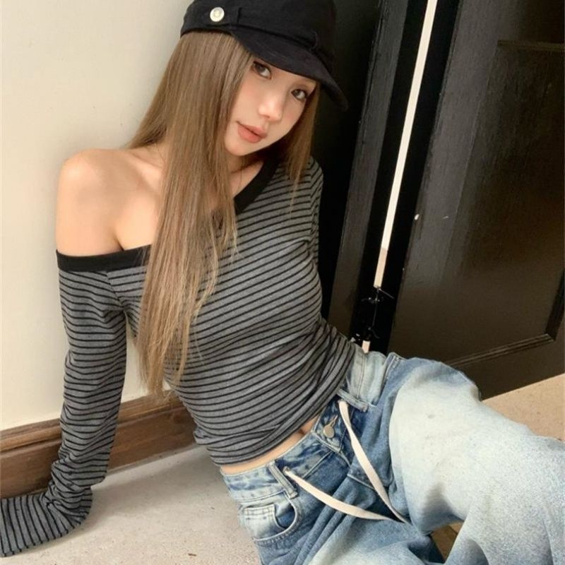 韩系chic洋气设计感斜领条纹打底衫秋季长袖修身休闲百搭T恤上衣