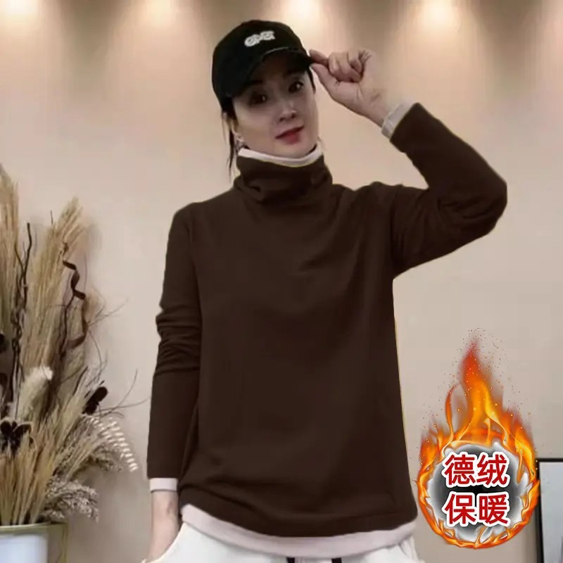 韩版半高领打底衫女装秋冬德绒保暖假两件长袖T恤拼色撞色上衣潮