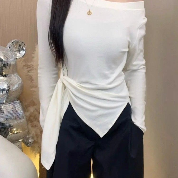 美式设计感露锁骨斜领长袖T恤女2026秋季绑带修身气质时尚上衣ins
