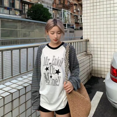 2026美式撞色插肩星星印花条纹长袖t恤女款宽松百搭设计感上衣ins