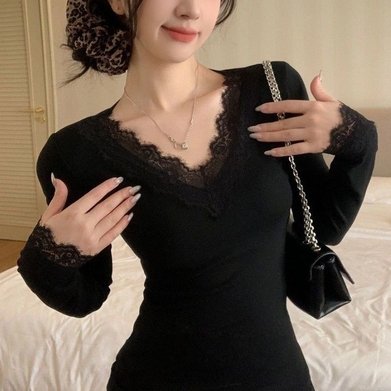 潮流时尚新款蕾丝花边V领长袖T恤秋季女休闲漂亮出片衣服拼接上衣