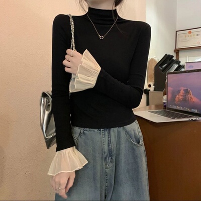 黑色半高领小众设计感拼接喇叭袖打底衫秋冬百搭气质高级显瘦上衣