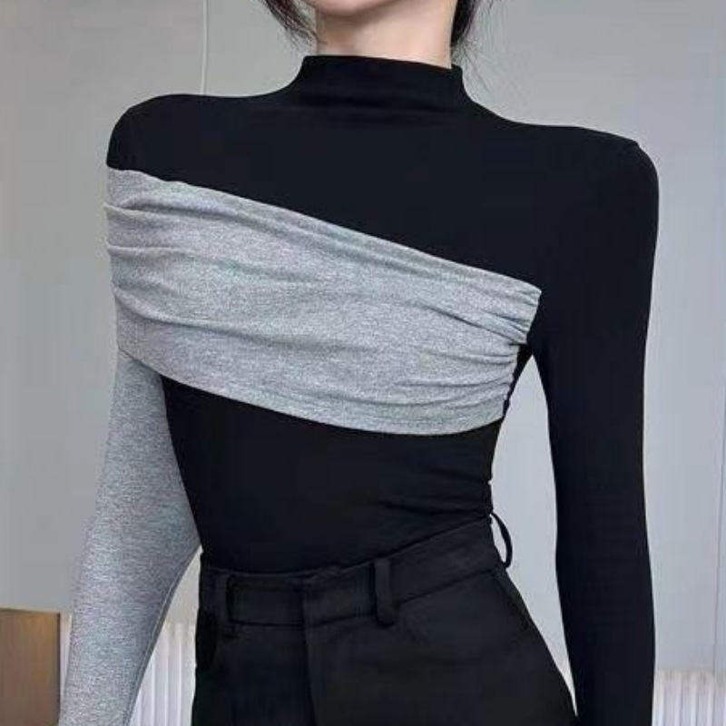 2026秋冬新款黑色修身显瘦长袖T恤德绒女半高领拼接打底衫上衣潮