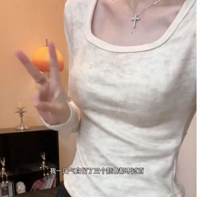 秋冬季新款方领长袖T恤休闲德绒保暖扎染显瘦辣妹风显瘦上衣女装