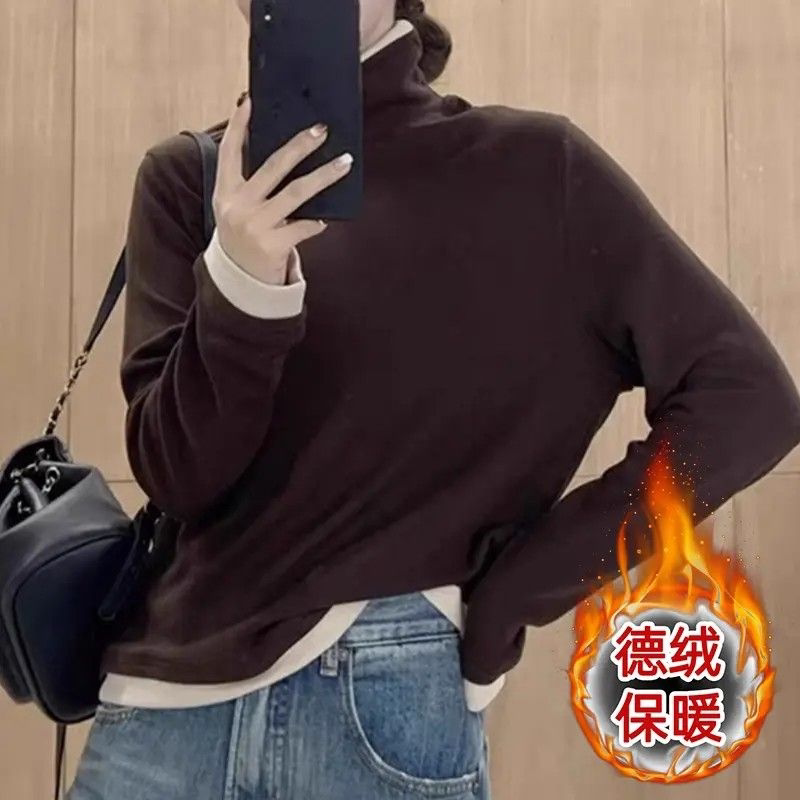 今年流行个性德绒保暖半高领长袖T恤内搭女秋冬百搭时尚撞色上衣