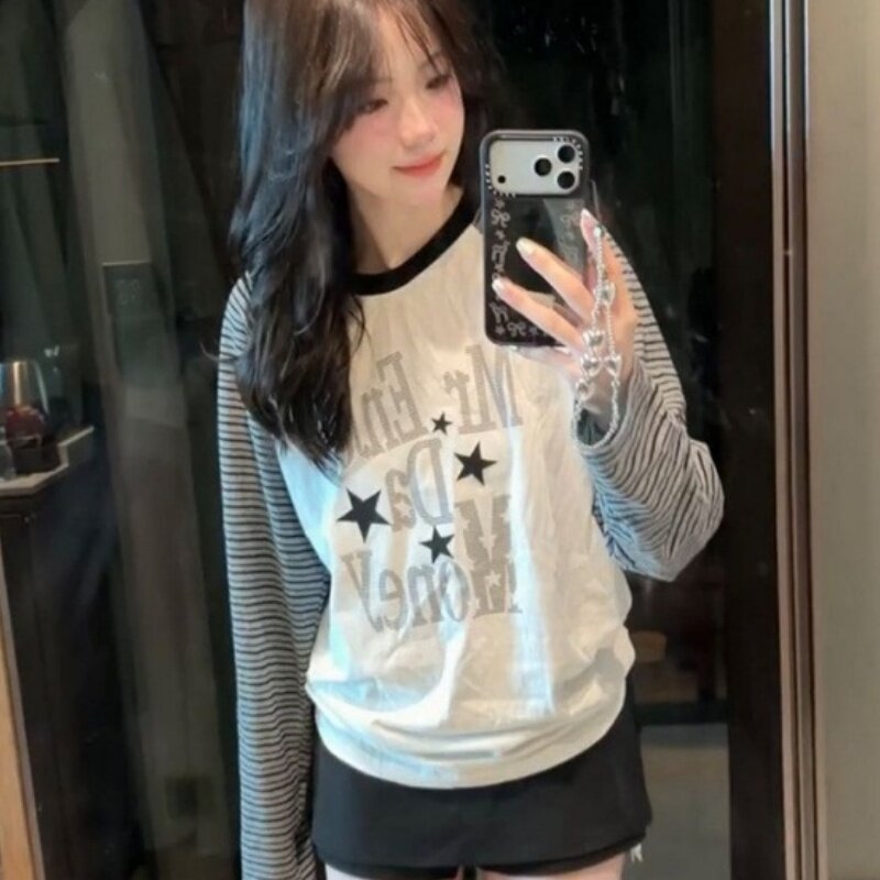 韩系复古条纹星星字母印花长袖T恤女少女宽松设计感百搭休闲上衣