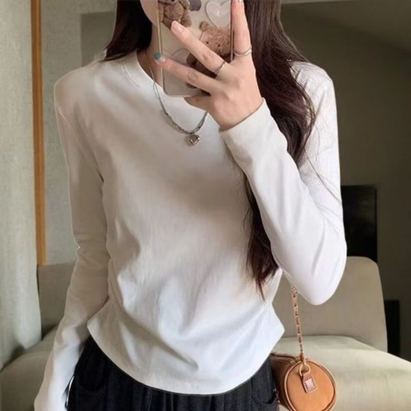 设计感新款长袖T恤圆领女装秋冬修身弧形下摆褶皱收腰打底衫上衣