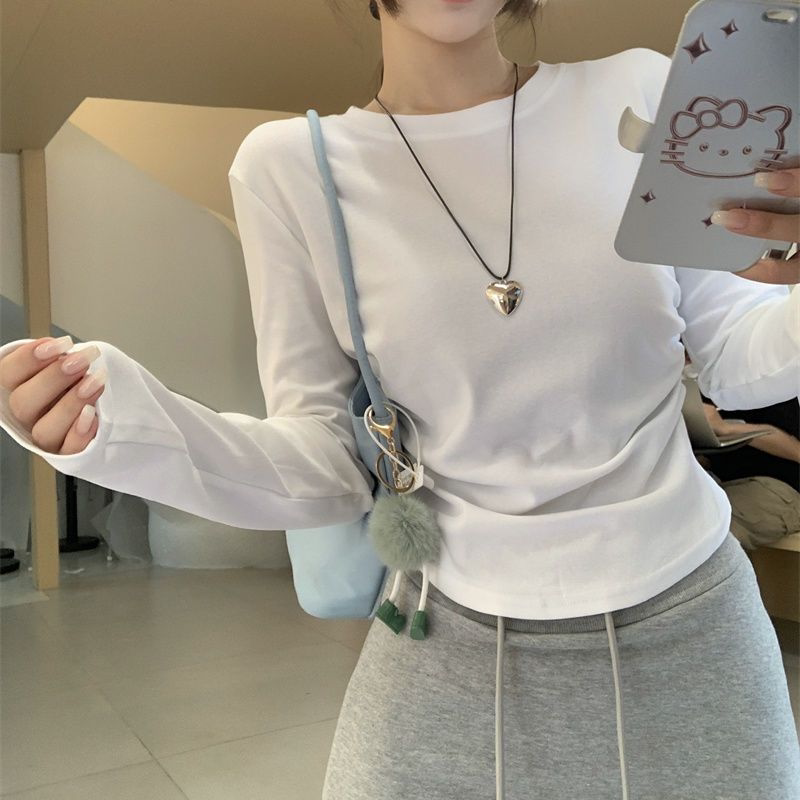韩系纯色收腰褶皱圆领长袖T恤女设计小众百搭打底2026秋冬款上衣