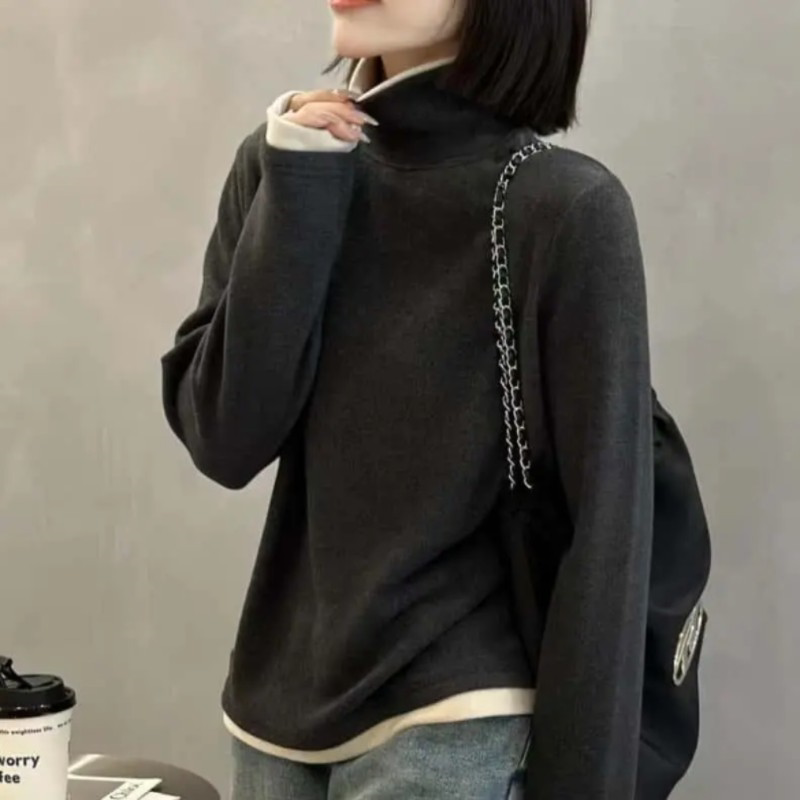 拼色磨毛德绒长袖T恤气质百搭女秋冬显瘦软糯半高领打底保暖上衣