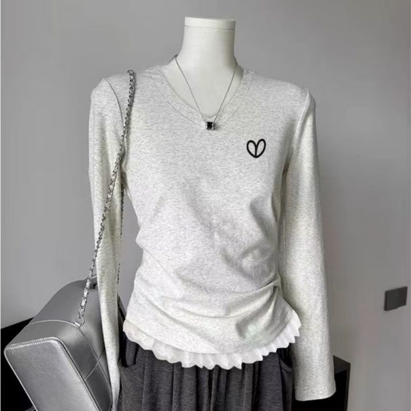 纯欲风v领长袖t恤女2026早秋新款爆款蕾丝边掐腰小众设计感上衣潮