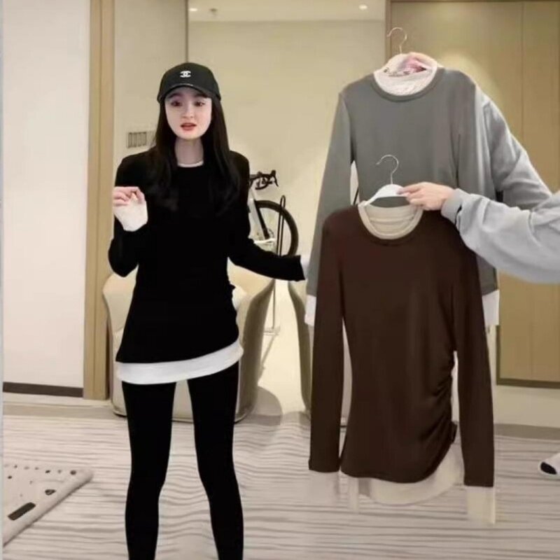 黑白拼色假两件德绒磨毛长袖T恤女2026秋冬褶皱修身显瘦内搭上衣