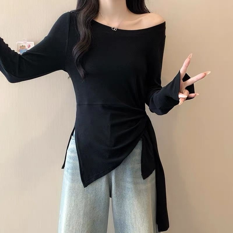 正肩长袖T恤女2026春秋新款漂亮MM收腰不规则遮肚打底衫上衣ins潮