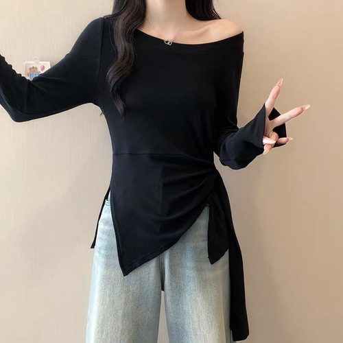 正肩长袖T恤女2026春秋新款漂亮MM收腰不规则遮肚打底衫上衣ins潮
