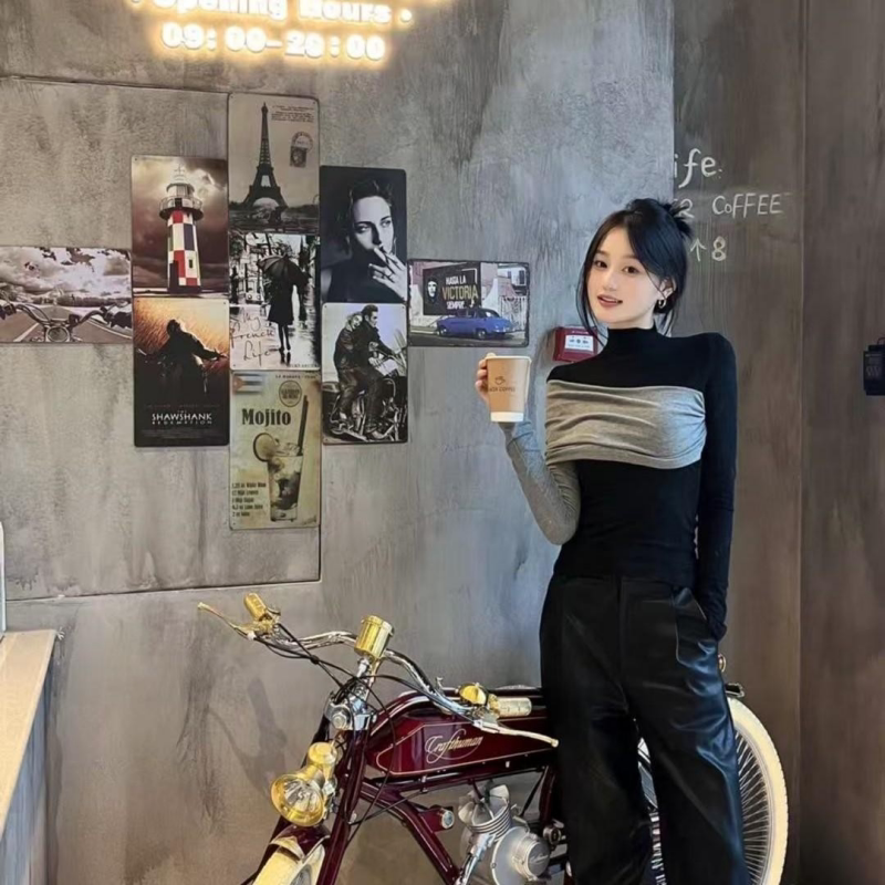 高级感时尚拼接半高领长袖T恤女德绒撞色修身显瘦休闲打底衫上衣