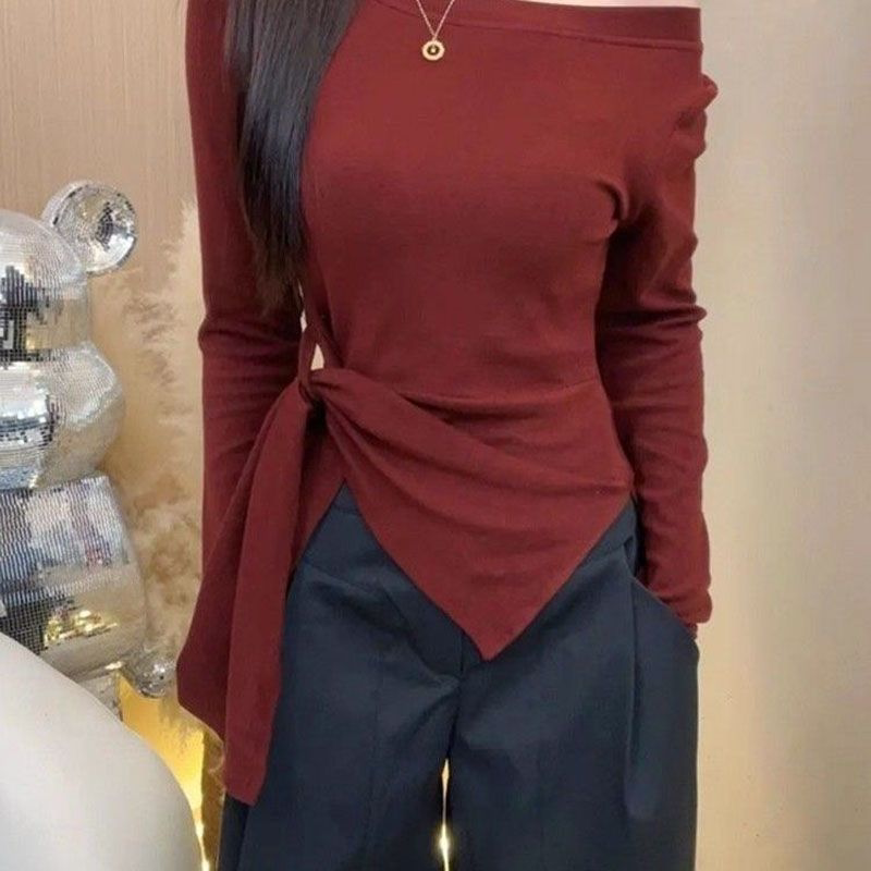 漂亮MM美拉德不规则长袖T恤女秋季2026新款收腰露肩斜领上衣ins潮