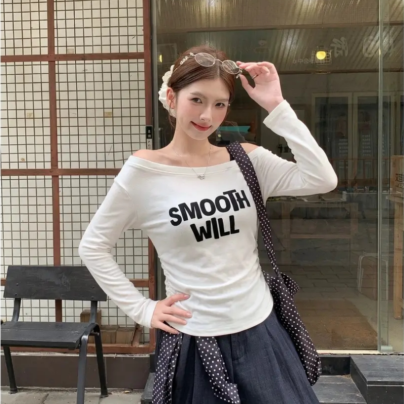 漂亮出片衣服字母印花斜肩长袖T恤女早秋百搭修身设计感上衣ins潮