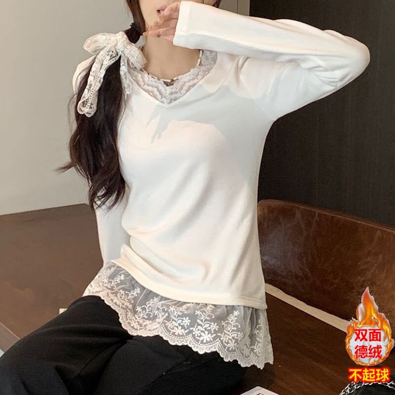 蕾丝花边内搭叠穿长袖T恤女秋冬季新款法式设计感德绒保暖打底衫