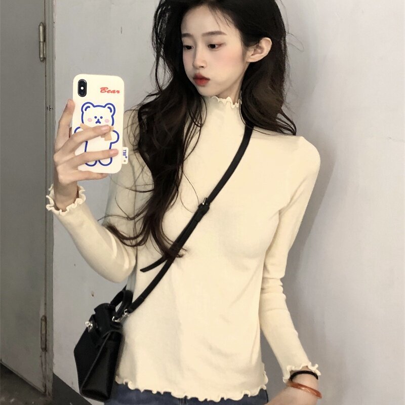 半高领德绒打底衫女秋冬季洋气内搭加绒加厚木耳边保暖长袖上衣潮