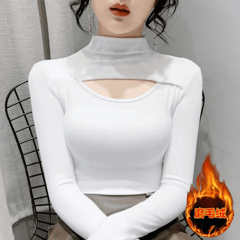 高级感别致半高领长袖T恤纯色女修身镂空内搭打底衫秋冬德绒上衣