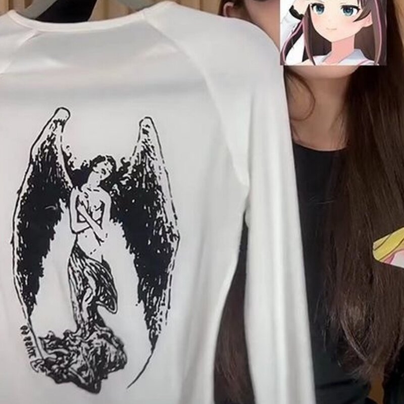 纯欲高级感天使印花长袖T恤女春秋季辣妹风修身显瘦薄款打底上衣