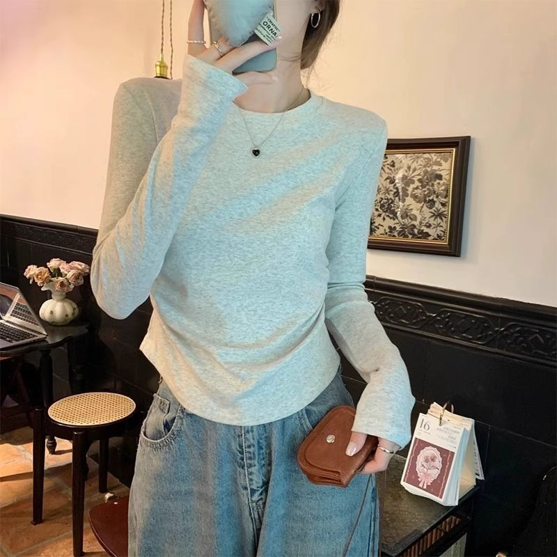 好看打底长袖T恤女秋冬修身新款弧形下摆收腰褶皱设计感绝美上衣