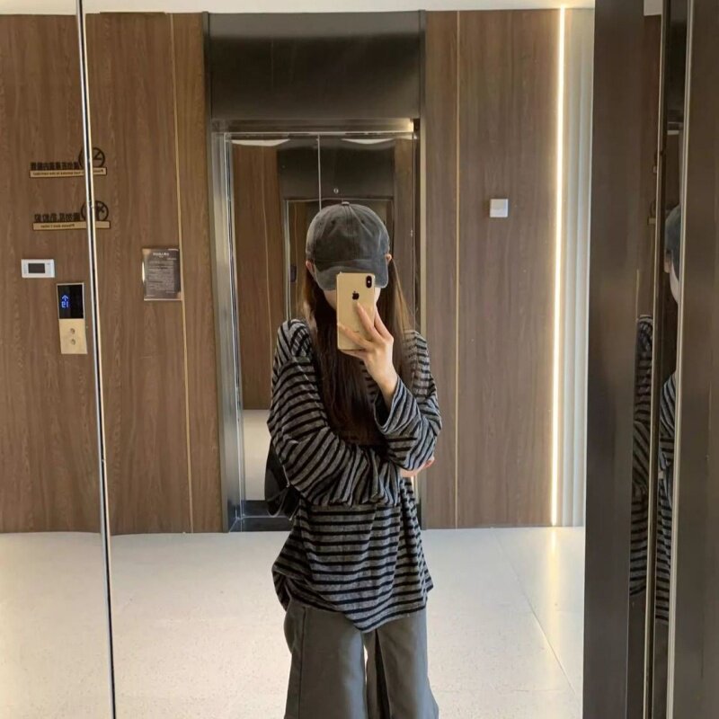 韩系chic慵懒风条纹长袖T恤女2026春秋季新款百搭小众宽松上衣女