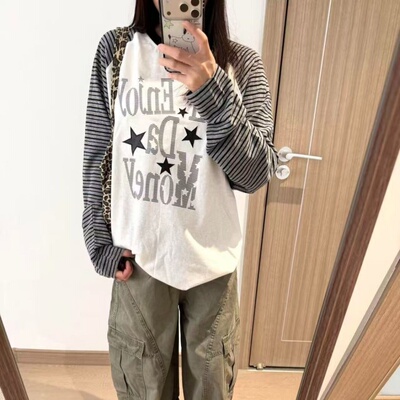 2026美式复古印花条纹长袖t恤女2026春秋新款宽松休闲慵懒风上衣