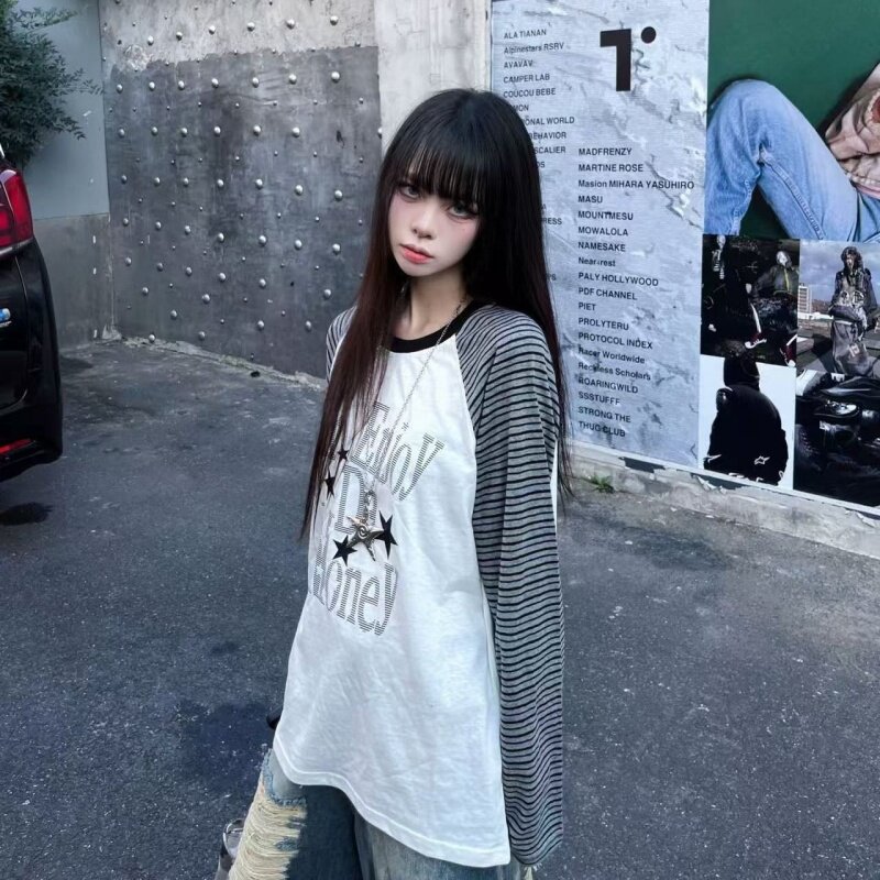 美式复古条纹插肩长袖T恤女字母星星印花穿搭设计感宽松休闲上衣