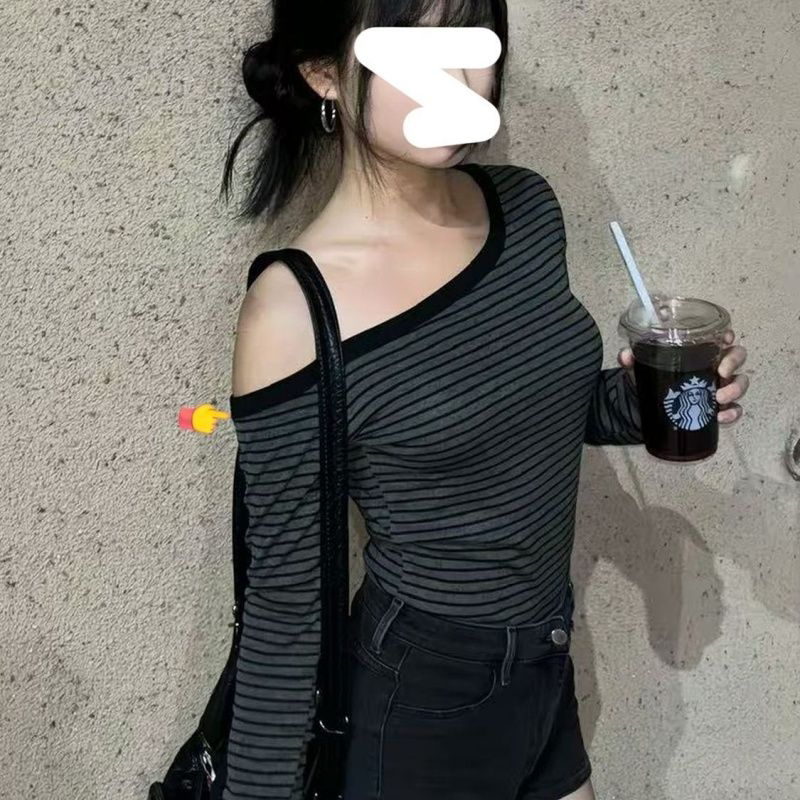 小心机斜领露锁骨条纹长袖T恤女早秋新款辣妹修身显瘦通勤上衣潮