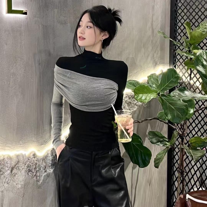 拼接半高领长袖T恤女德绒撞色修身显瘦高级感时尚休闲打底衫上衣