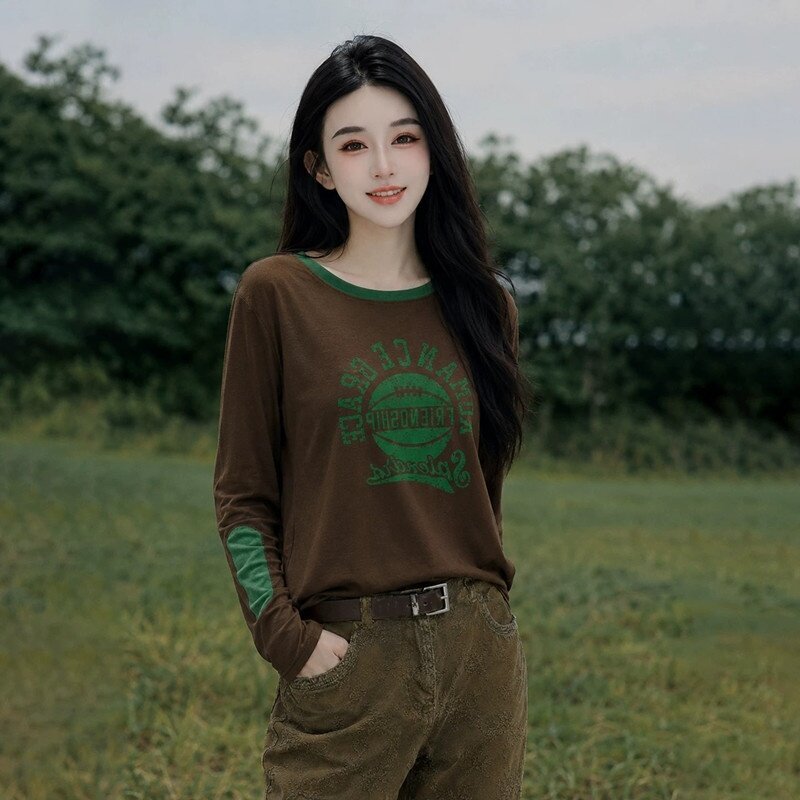 秋冬新款时尚设计感修身显瘦德绒长袖T恤印花复古字母打底衫上衣