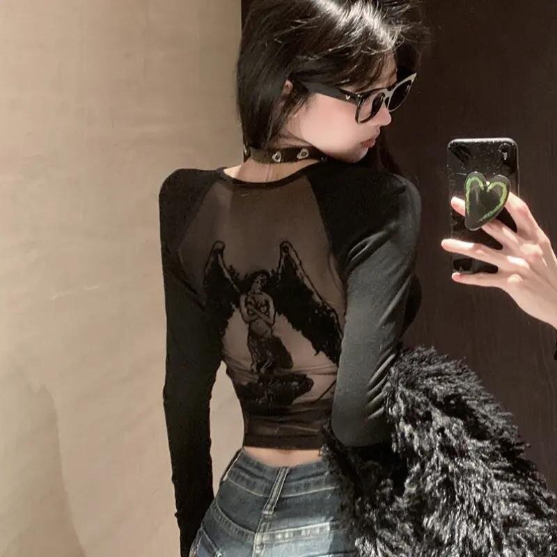 气质洋气天使印花辣妹2026春秋薄款修身显瘦露背长袖t恤衫上衣女
