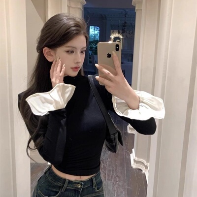 法式小众气质百搭设计感喇叭袖长袖t袖女德绒保暖打底内搭上衣女