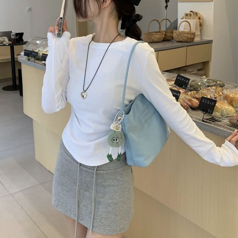 韩系圆领褶皱收腰百搭长袖t恤女秋冬季休闲时尚修身打底衫上衣ins