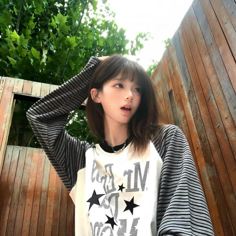 2026春秋季美式复古条纹插肩字母印花长袖T恤甜妹宽松休闲上衣女